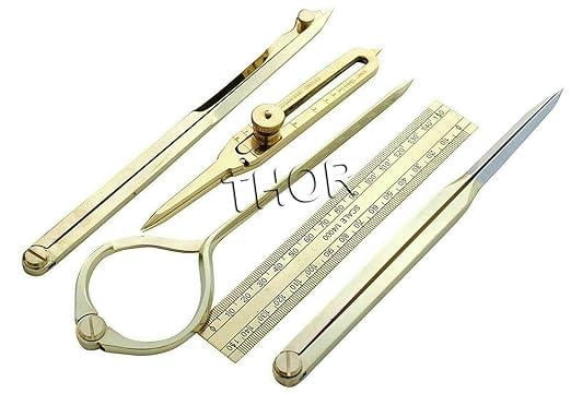 Set of 5 Brass Drafting Tool 8" Marine Navigational Proportional Divider Compass W/Leather Case Rustic Vintage Home Decor Gifts
