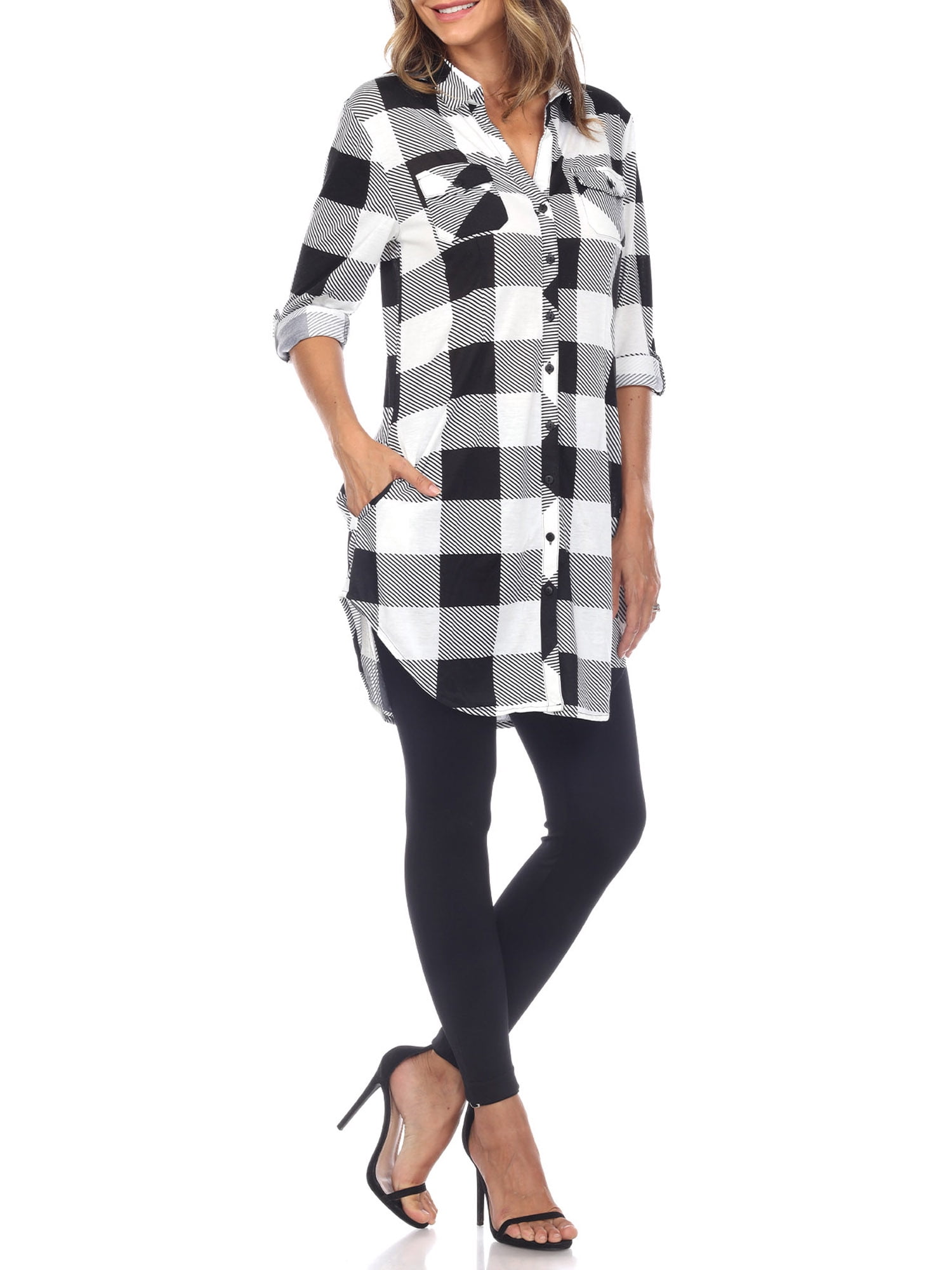 White Mark Women's Light Weight Plaid Print Tunic with Pockets