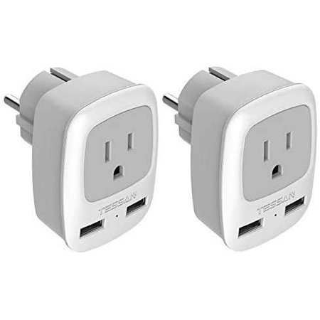 TESSAN Type E/F Germany European Adapter 2 Pack, Schuko France Travel Power Plug 2 USB, Outlet Adaptor Charger for US to Most of Europe EU Spain Iceland German French Russia Korea Norway Greece