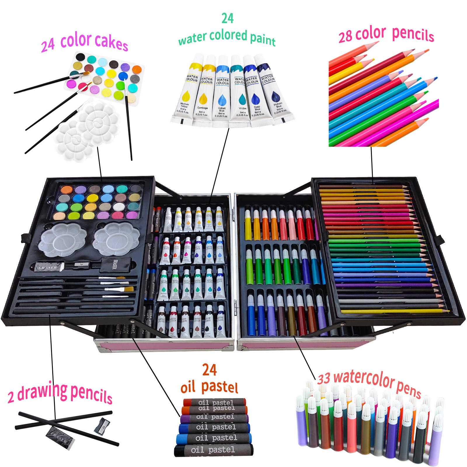 MIKOUJOS 145 Piece Deluxe Art Set in Pink Aluminum Box photo 3