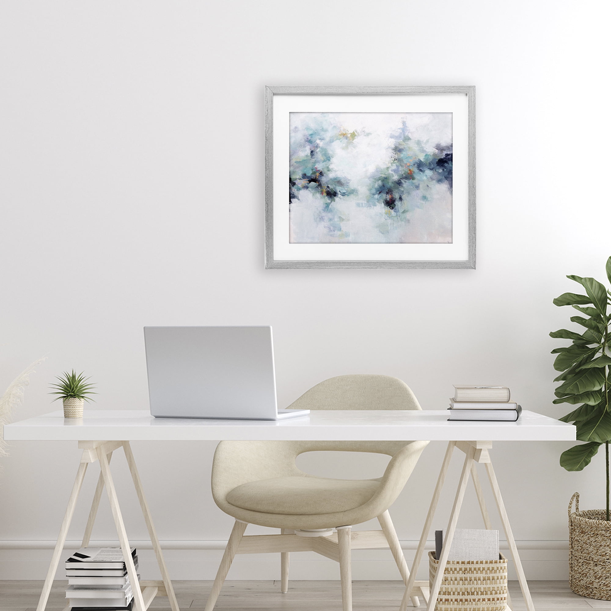 Reaching Out Abstraction Gray Framed Print Under Glass, design by Karen Hale