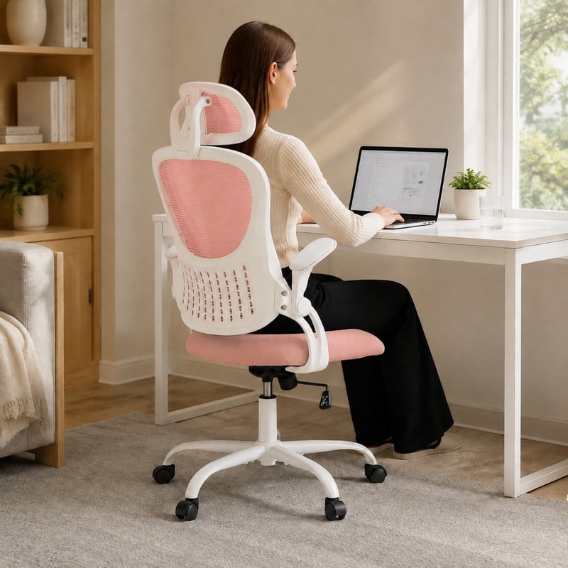 BEAUTYPEAK Ergonomic Office Chair High-Back Mesh Computer Desk Chair with Lumbar Support Adjustable Headrest Flip-Up Arms Wheels, Pink