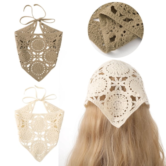 Helii Hollow Crochet Triangle Head Scarf for Women – Handmade French Retro Boho Head Kerchief, Adjustable Tie Back Breathable Knit Hair Scarf for Spring Summer Beach Travel Coffee,One Size