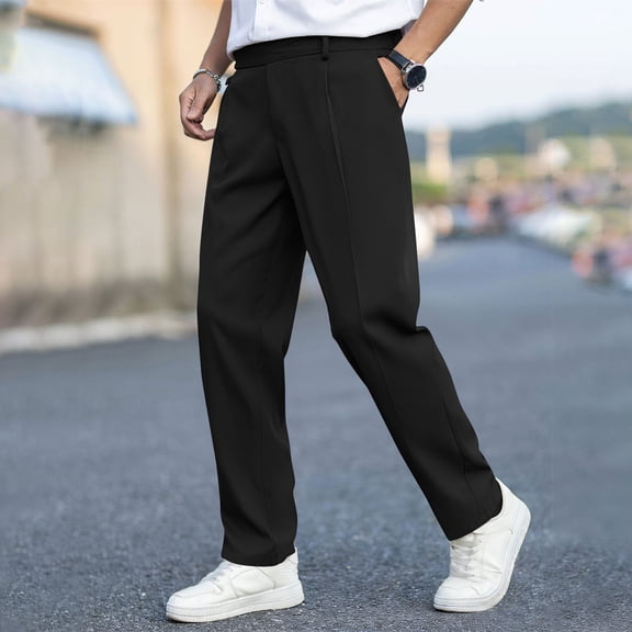 PNTUTB Men's Solid Color Pleated Drapey Button Fly Zipper Casual Straight Leg Versatile Dress Pants with Pockets