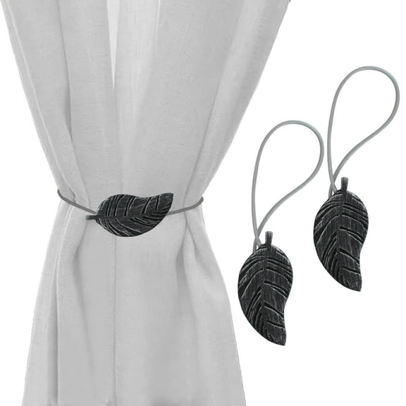 Evideco French Home Goods Curtain Holdbacks Set of 2 Magnetic Wooden Leaf Curtain Tiebacks - Black/Silver