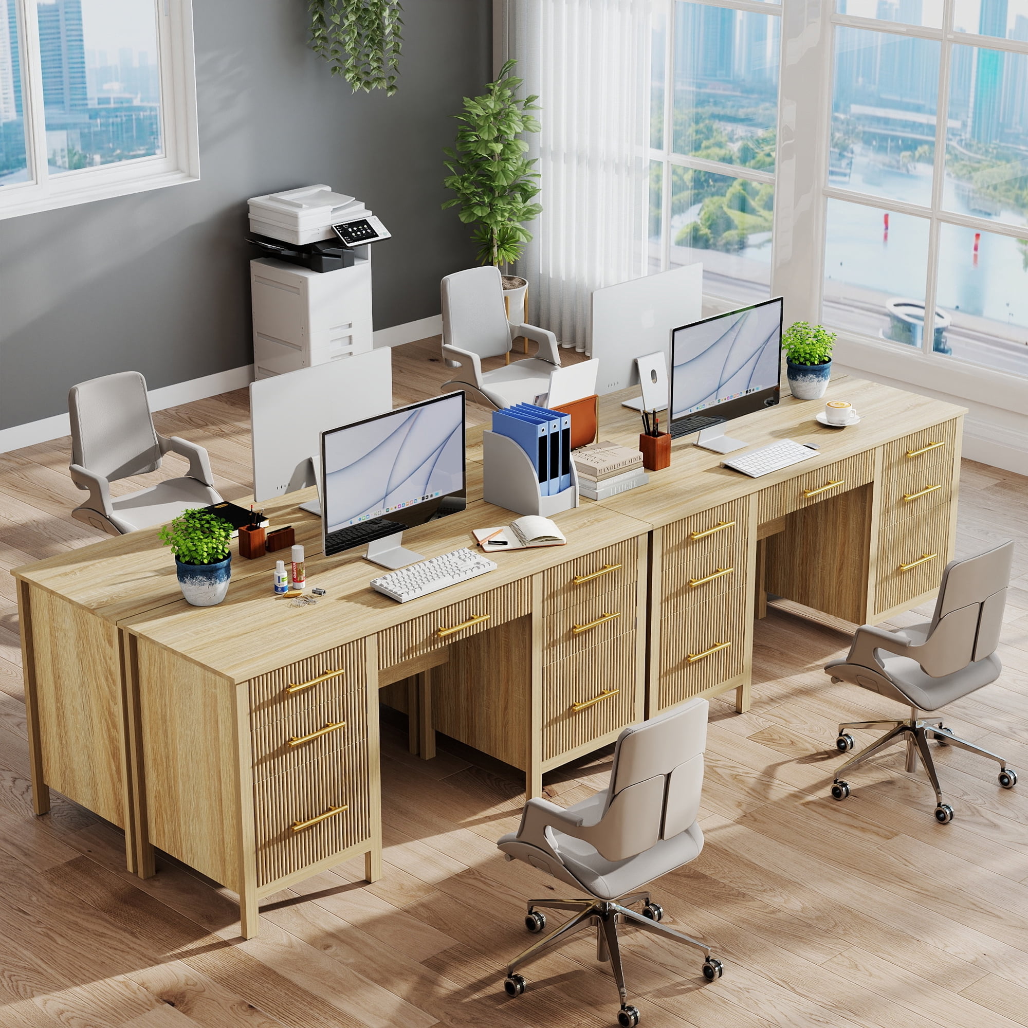 60" Executive Desk with Drawers, Modern Home Office Desk with File Cabinet, Wood Computer Writing Desk Workstation