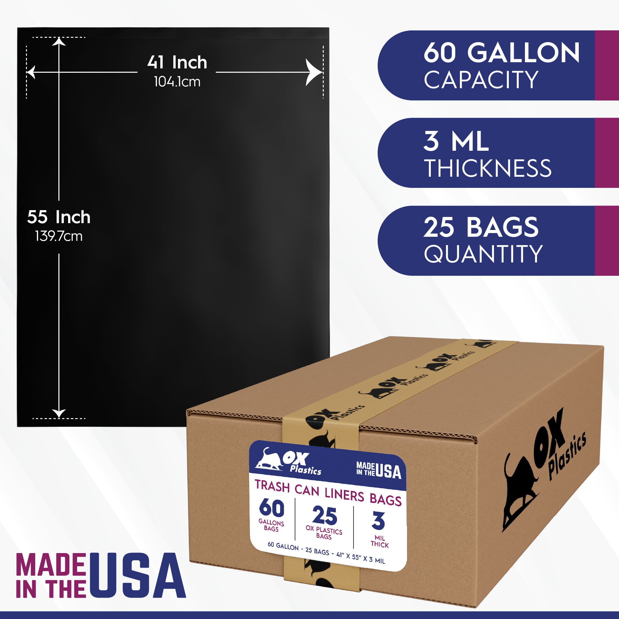 3 Mil 60 Gallon Contractor Trash Bags - 38Wx58H Heavy Duty Black Bags for  G