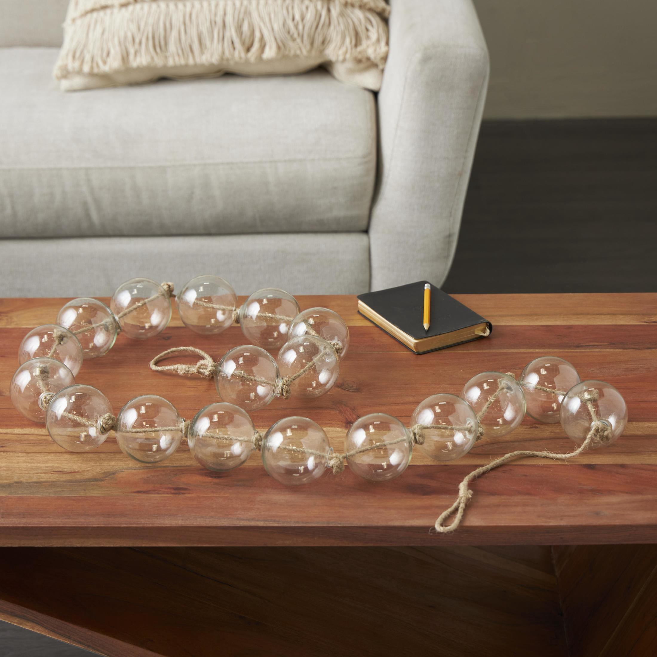 DecMode Handmade Round Extra Long Frosted Orb Clear Glass Garland with Tassel with Knotted Jute Rope