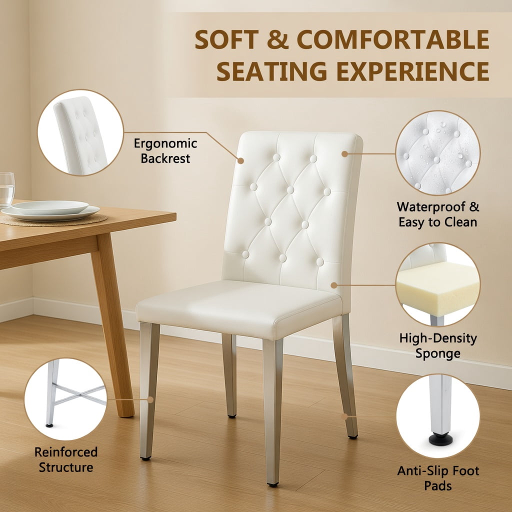 Hommoo 4-Pack PU Dining Chairs with Ergonomic Buckle Backrest, 35 in Height, Metal Legs, Modern Comfort Seating for Dining Room, Restaurant & Hotel Banquet Hall, White & Sliver