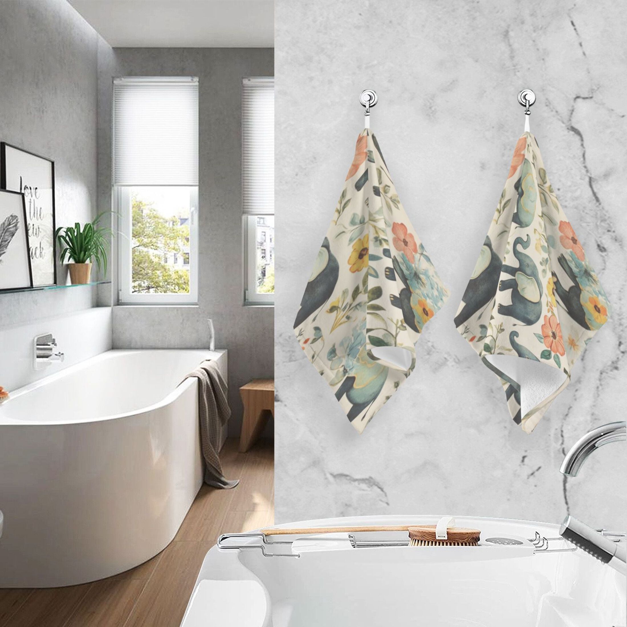 Cotton Towel Two-Piece 16x28 Inch One Sizex2 Face Towel Set Towel Set Cotton Hand Bath Towel Bathroom Beach Green Elephant Pattern