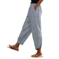 thumbnail image 2 of Women's Stacked V Hem Trousers, High Waist Casual Slub Cotton Pants with Elastic Waistband, Relaxed Fit Long Pants for Daily Wear, Vacation and Loungewear Light Ashy L, 2 of 9