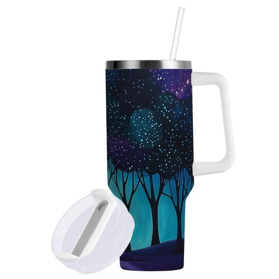 Yayeee 40oz Stainless Steel Tumbler with Straw and Handle Double-Wall Insulated Travel Water Bottle, Purple Moonlight Forest