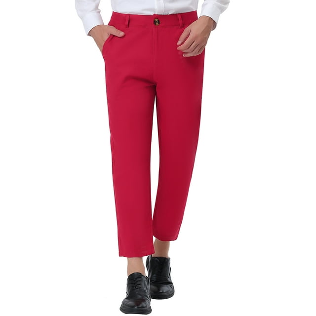 Pantalones de traje de negocios recortados para hombres Inspire Chic, corte recto, frente plano, talla 34, rojos