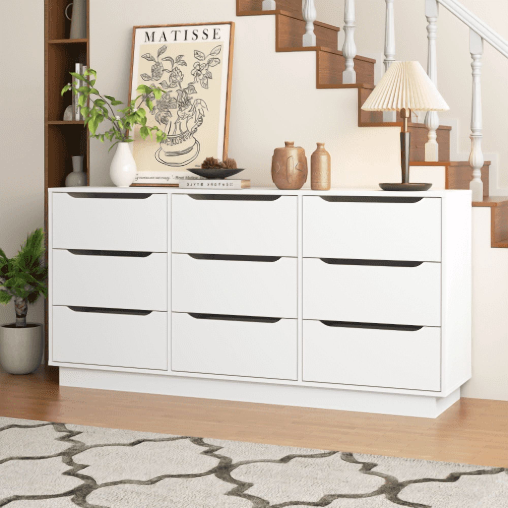 9 Drawer Dresser for Bedroom with Deep Drawers, Large Wood Chest of Drawers, Modern Long Floor Storage Dresser for Closet Living Room Hallway, Sturdy Organizer Tower, White
