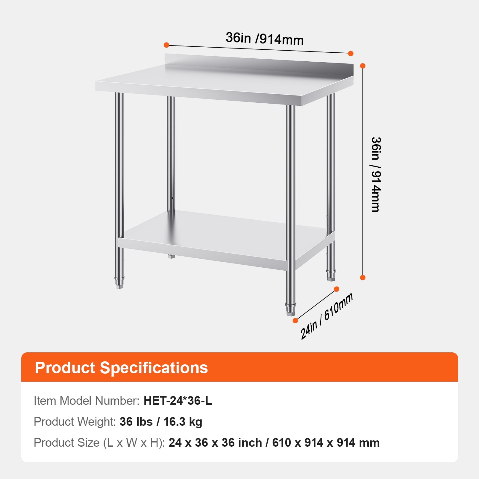 KFFKFF 24x36x36 Inch Metal Work Table, Durable Stainless Steel Work Table for Commercial Kitchen Use, Adjustable Height, Suitable for Restaurants, Homes, and Hotels