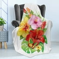 thumbnail image 4 of Hawaiian Soft Flannel Fleece Throw Blanket, Bouquet of Colorful Hibiscus Flowers a Butterfly Blooming Plumeria Petals, Cozy Plush for Indoor and Outdoor Use, 50" x 60", Multicolor, by Ambesonne, 4 of 5