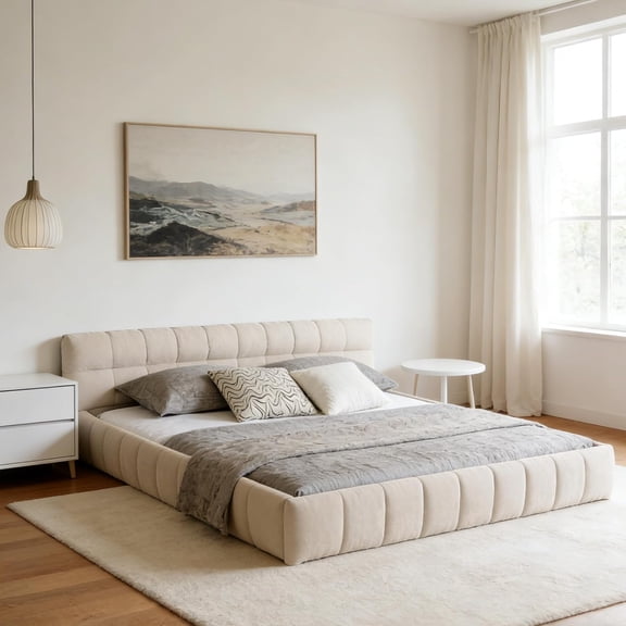LJAN Cloud Bed Queen Size Chenille Upholstered Platform Bed Frame with Cloud Soft Headboard, Wood Base Platform Bed, Italian Modern Style Bedroom Furniture, Queen Without Drawers
