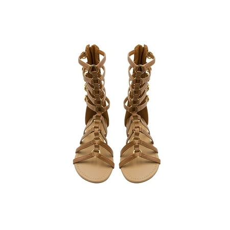 Side Buckle Sandal - Sara Z Womens Tall Side Buckle Back Zip Flat Gladiator Sandal Size 5/6 Cognac