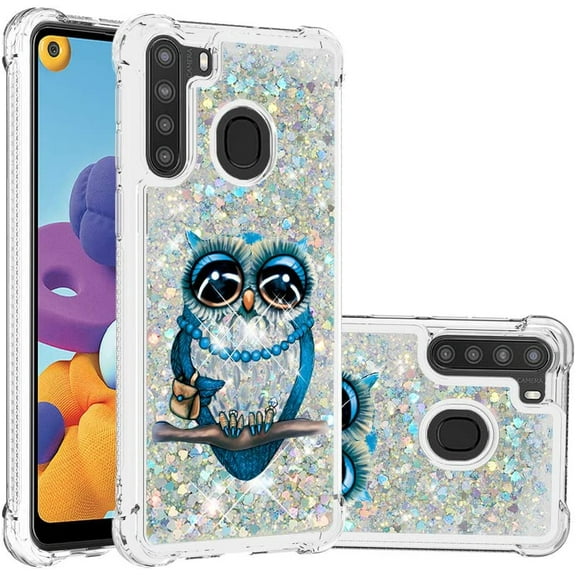 Compatible with Samsung Galaxy A21 Case Liquid Glitter Cute Stylish Slim TPU Silicone Quicksand Sparkle Shockproof Protective case for Women Girls Case for Samsung Galaxy A21 Pearl Owl YB