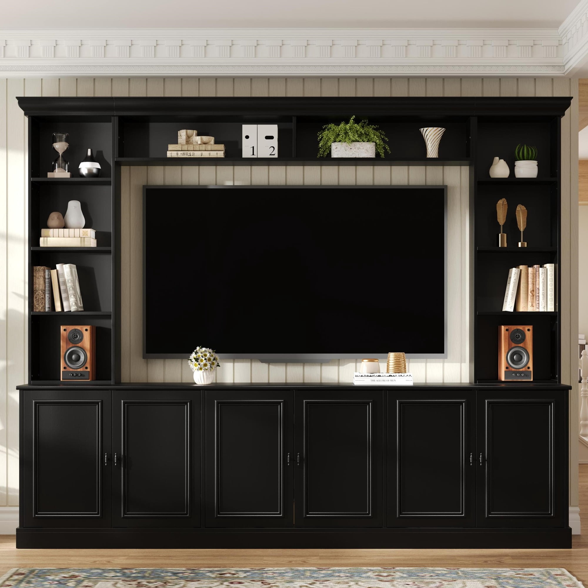 EUROCO 97.4"W Elegant 4-Piece Wall Unit Entertainment Center with Bookshelf for TVs Up to 70", Versatile TV Stand with Adjustable Shelf, Mid-Century Media Console for Living Room