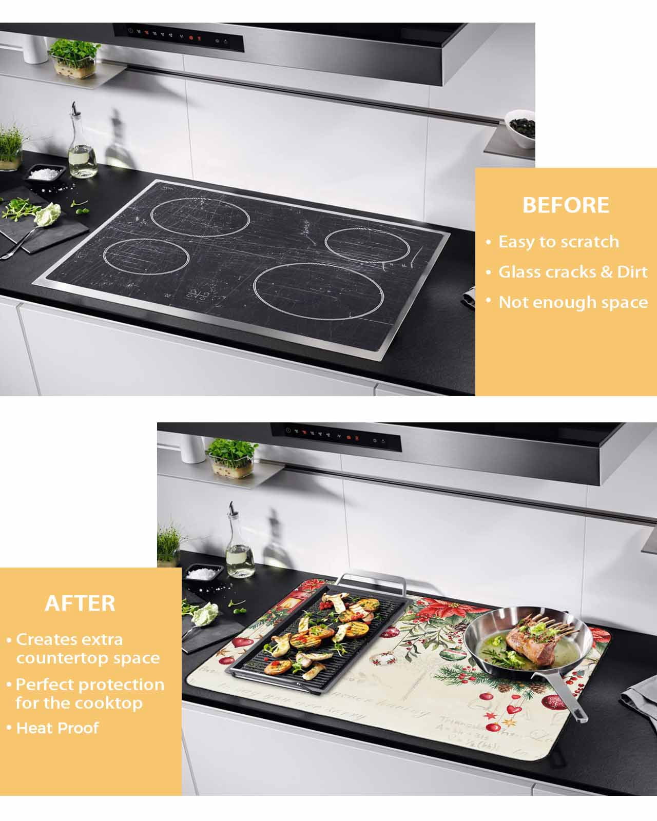 Large Induction Cooktop Protector Mat Red Christmas Stove Top Covers for Electric Stove, Xams Tree Winter Poinsettia Pine Cones Farmhouse Decorative Stove Burner Cover Mats, Glass Top Stove Cover