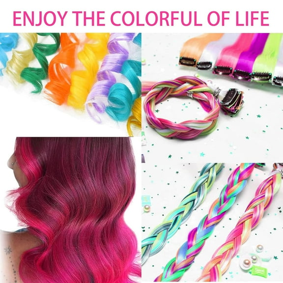 FGERFE-12 Pcs Curly Colored Hair Extensions Party Highlights, Multi-Colors Wavy Hairpiece Clip in Synthetic Rainbow Streak for Kids Girls Women 17 inch(Hot Pink)