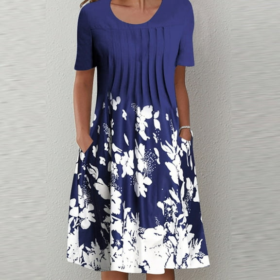 VKEKIEO Maxi Dress For Women Peplum Crew Neck Short Sleeve Floral Blue S