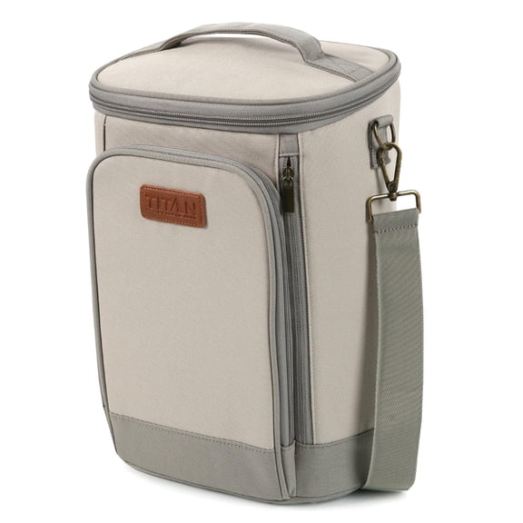 Titan Insulated Bottle Tote Cooler, Holds 18 Cans or 4 Wine Bottles, Leak Proof Soft Cooler with Ice Walls & Dividers, Portable Beverage Carrier - Beige