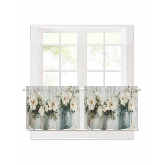 Spring Camellia Short Blackout Curtains 24 Inch Long Retro Flower Oil Painting Wood Grain Rod Pocket Kitchen Curtains, 2 Panels Thermal Insulated Room Darkening Drapes for Bedroom, 30"W x 24"L