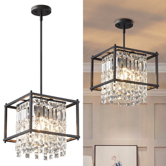 Deyidn Modern Foyer Chandelier, Black Crystal Chandelier Entryway Light Fixture, Square Adjustable Height Chandeliers for Kitchen Island, 11.81''
