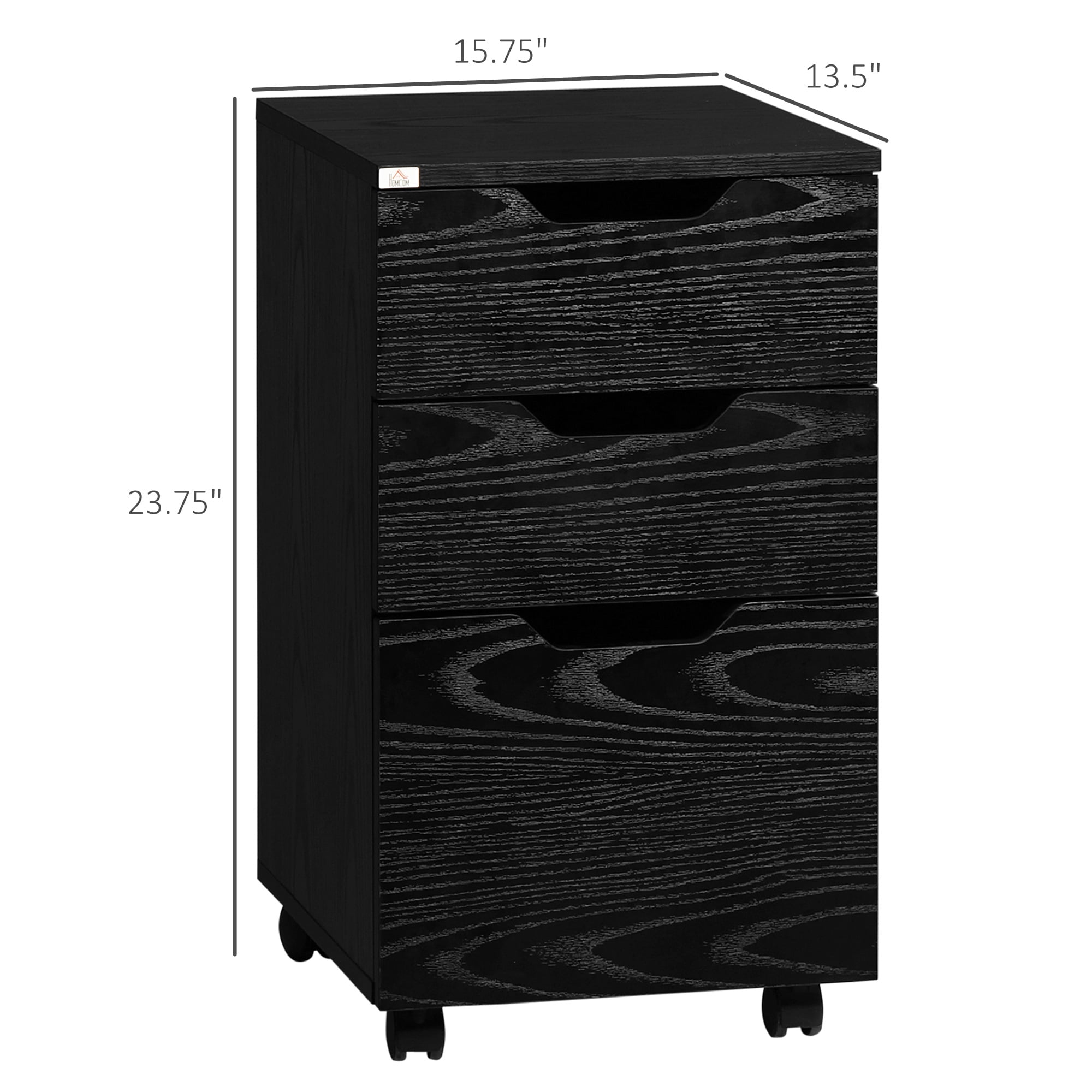 HOMCOM 3 Drawer Office Storage Cabinet, Under Desk Cabinet with Wheels, Black Wood Grain