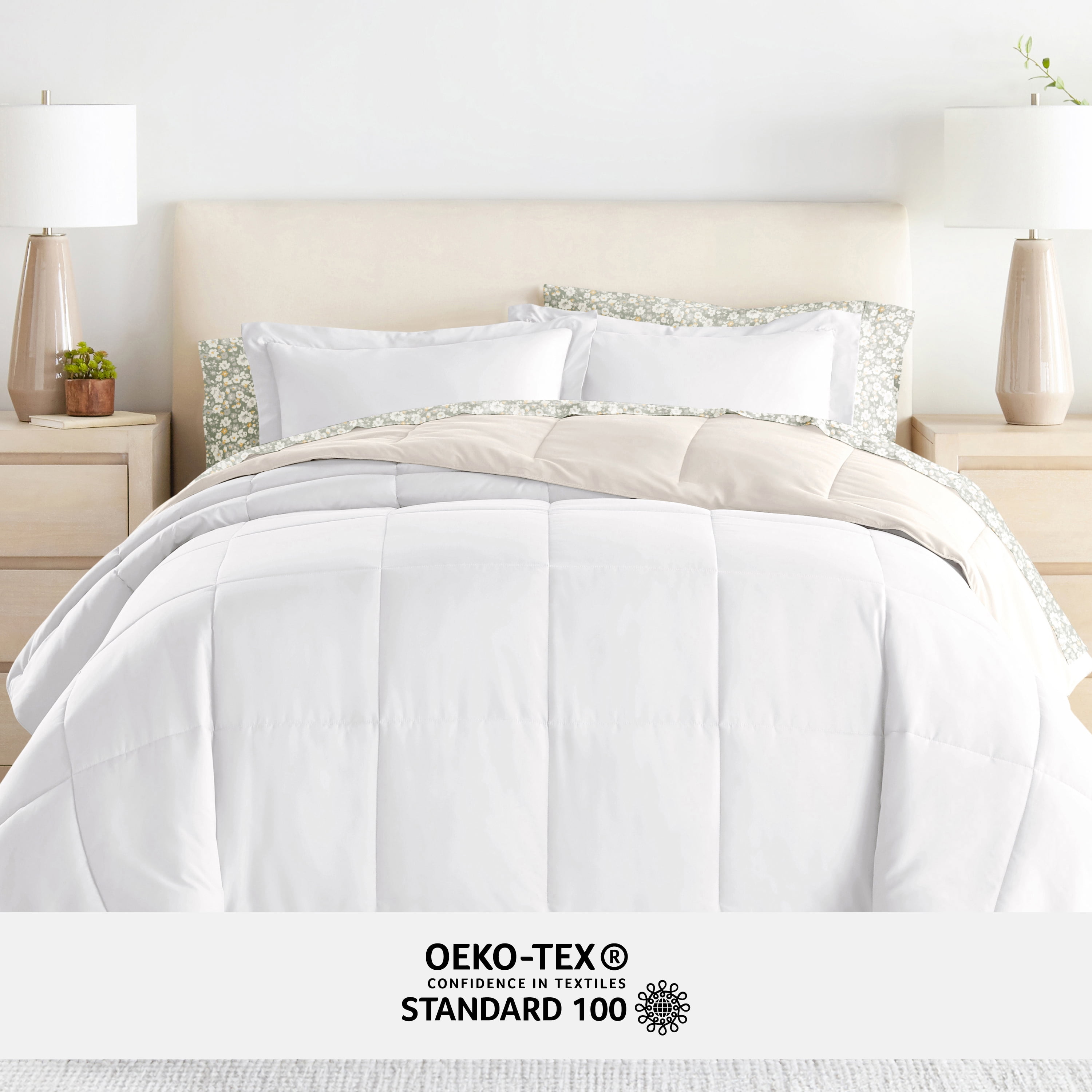 Noble Linens 7 Piece Bedding Bundle, Reversible Comforter and Patterned Sheet Set, Full