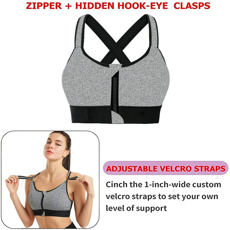Elbourn 1Pack Women's Sports Bra Front Zipper Closure Sports Bra High  Impact Support Racerback Workout Yoga Sports Bras （Gary-3XL）