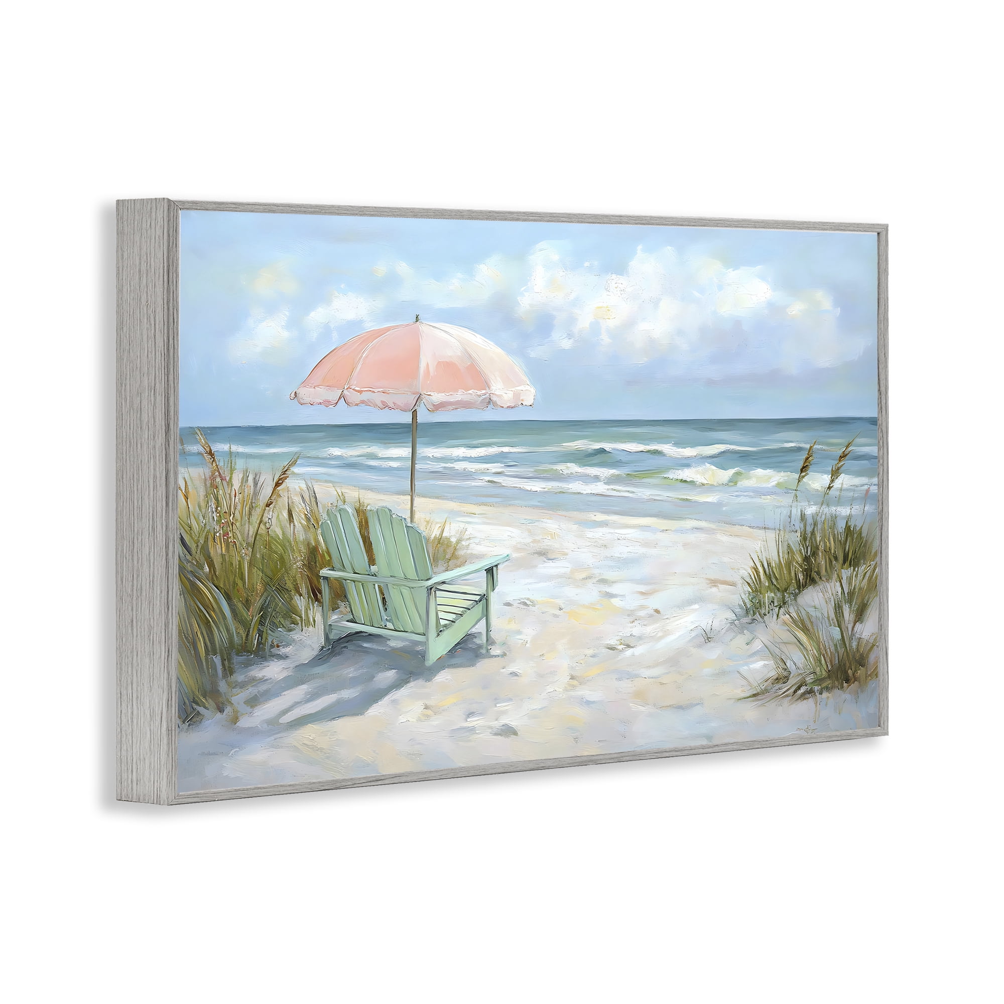 Stupell Industries Seaside Chair & Pink Umbrella Gray Framed Giclee Art, design by Creative Studio