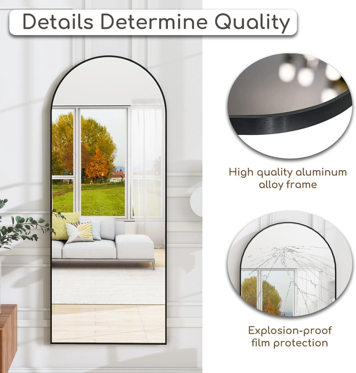 Anyrose 58"x18" Full Length Arch Top Mirror with Metal Frame Stand Wall Mounted, Black