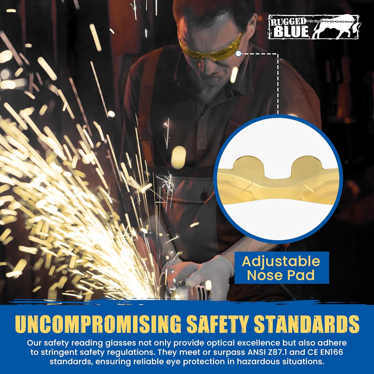 RUGGED BLUE - Work Safety Glasses For Men | Ansi Z87 Certified protective eyewear For Shooting Range | Anti-Scratch Outdoor Glasses | Construction/Lab Safety Glasses | Safety Goggles - 12 Pack Amber