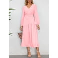 thumbnail image 3 of Solid Color V Neck Asymmetrical Seam Belted Midi Dress for Women Pink X-Large, 3 of 4