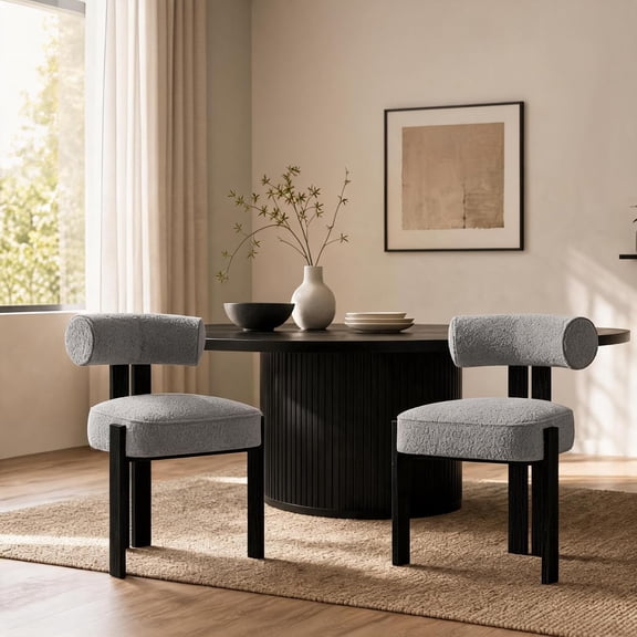Set of 2 Upholstered Dining Chairs, Modern Boucle Kitchen Chairs with Curved Back, Rubberwood Legs, 16.73 x 19.2 x 28.82 in,Gray