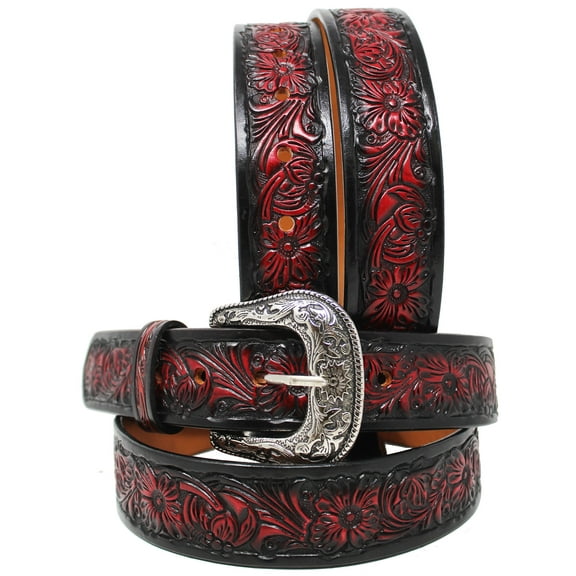 31-32 Men's 1-1/2" Wide Tan Leather Floral Tooled Casual Jean Belt 26FK27