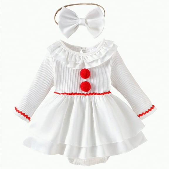 HCNTES Baby Girl Fall Clothes Clown Dress Ruffle Romper Long Sleeve Patchwork Doll Cute Halloween Outfit(3-6 Months,Z142-White)