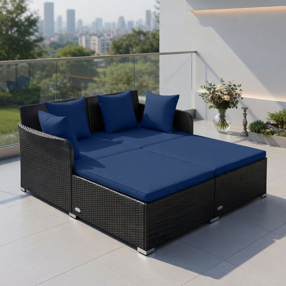Resenkos Outdoor Rattan Daybed with Upholstered Cushions & Pillows – Navy, Gray, Red, Turquoise, White – Heavy-Duty Steel Frame, 800 lb Capacity