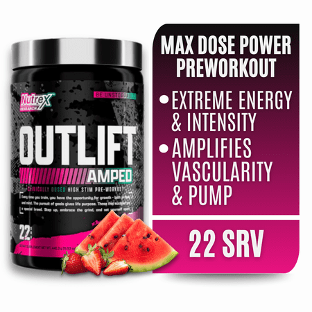 Nutrex Research OUTLIFT Amped Strawberry Watermelon High Stim Pre Workout Powder 22 Servings