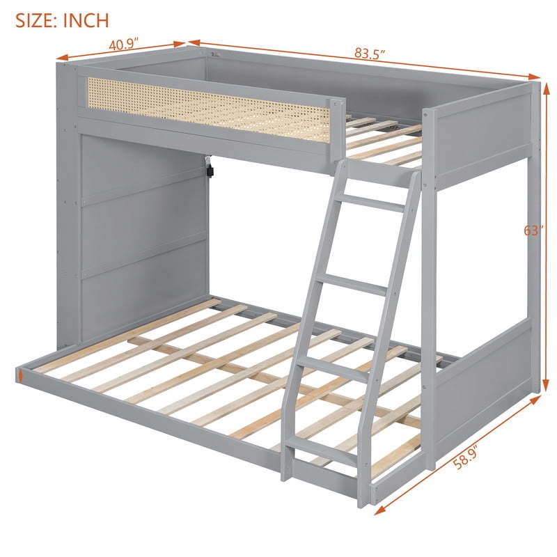 Twin-Over-Full Bunk Bed with Built-in Ladder & LED Strip, Storage Wooden Bed Frame with Bookshelf & Rattan Guardrail