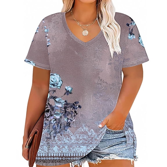 Rezuofi 1 Pcs Womens Plus Size V Neck T Shirts Summer Short Sleeve Tops T-Shirts Tunic Casual Loose Fit Soft Basic Tees