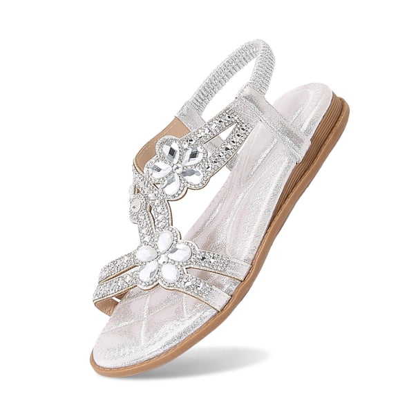 CAIXIA Dressy Sandals for Women Elegant Glitter Flat Sandals for Women Summer Sparkling Rhinestone Slingback Beach Shoes with Soft Sole and Elastic Band,Silver