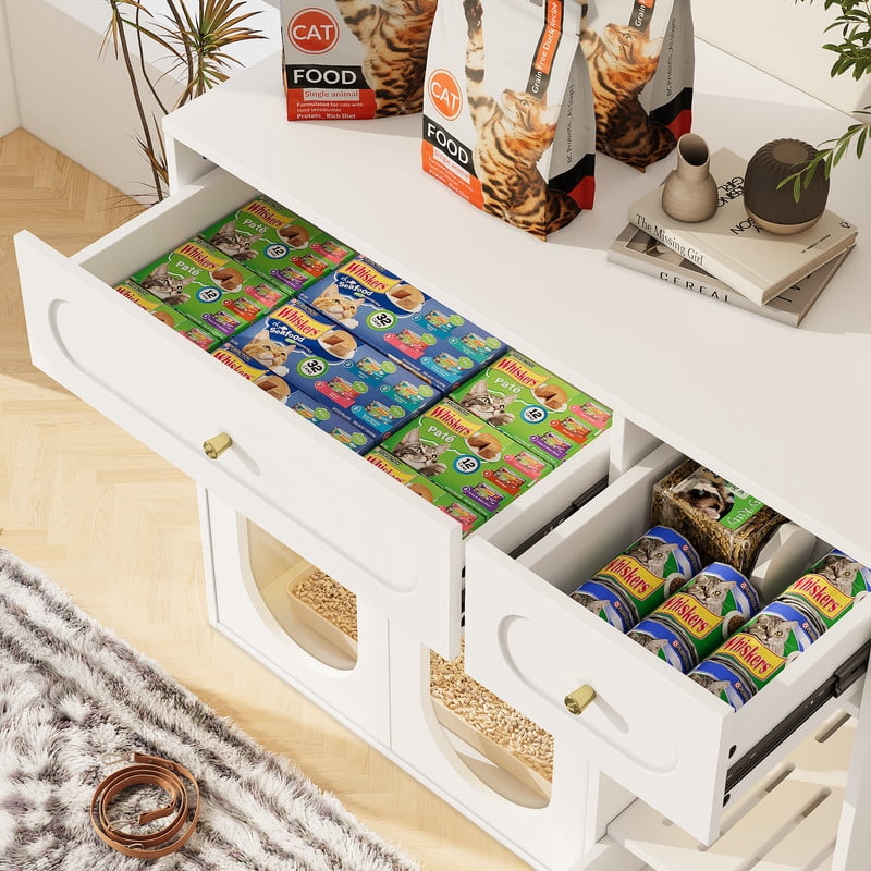 Mirightone Hidden Cat Litter Box Enclosure with Storage Drawer Table, Cat Box Enclosure Furniture with LED Light & Acrylic Doors, Indoor Pet House for Living Room & Entryway, White