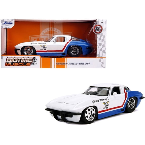 1963 Chevrolet Corvette Stingray White and Blue with Red Stripe "Chevy Racing" "Bigtime Muscle" 1/24 Diecast Model Car by Jada