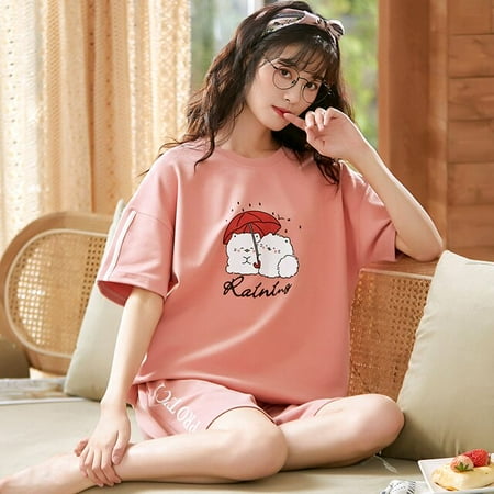 

QWZNDZGR Summer new cartoon cotton pajamas set leisure fashion women s home clothes set thin sweet short sleeve lovely style pajamas