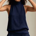 thumbnail image 3 of Morttic Women's Solid Color High Neck Halter Top & Pleated Wide Leg Pants Set – Sleeveless Business Casual & Everyday Outfit Navy Blue，L, 3 of 6
