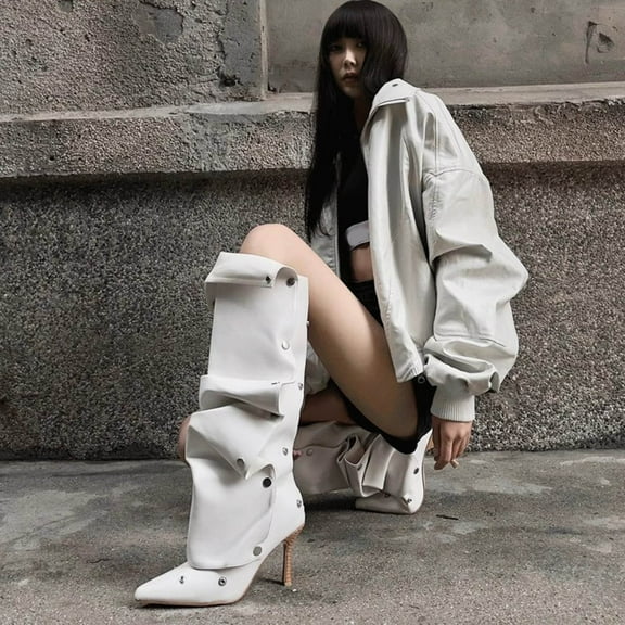 Roncen Women's Fashion Casual Plus Size Ankle Boots - Button Accent Pointed Toe Slim Heel Tall Shaft Stacked Heel Booties for Daily Wear